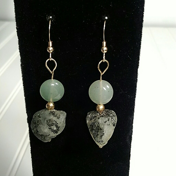 Handmade Jewelry - Green Prehnite & Aventurine drop Earrings 14k gf